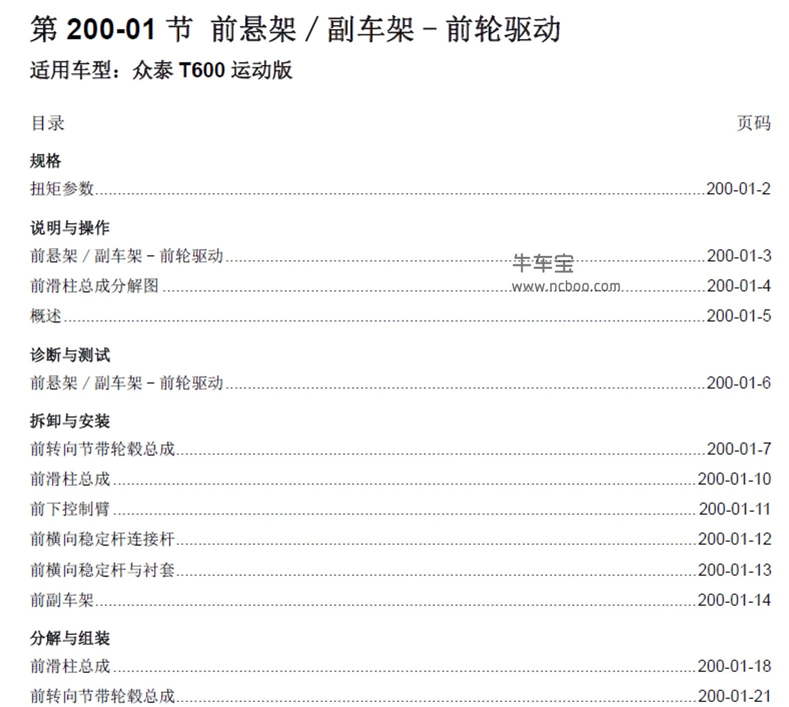 2016-2018款众泰T600运动版原厂维修手册和电路图下载