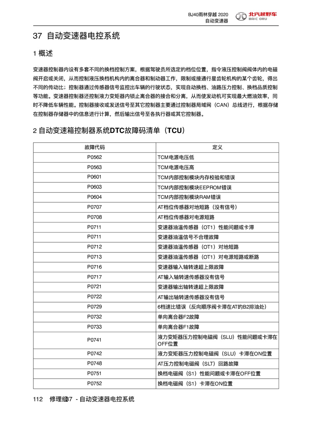 2020款北京BJ40自动变速器电控系统概述