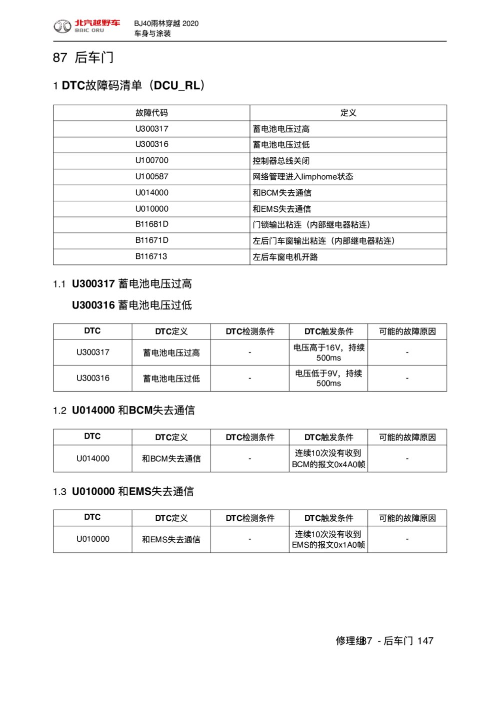 2020款北京BJ40后车门DTC故障码清单（DCU_RL）手册